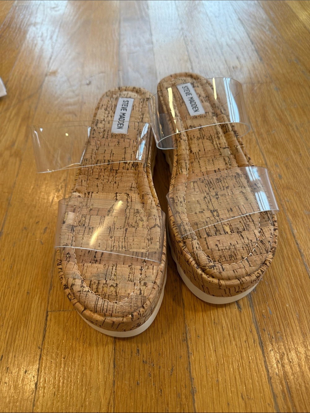 Steve Madden Clear Double-Strap Cork Platform Slides - Cork
